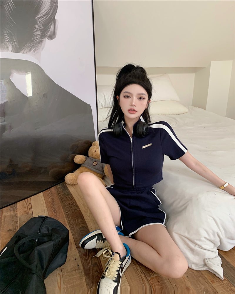Stand Collar Zip Short Sleeve Blouse Summer Stripes - Taylor K Shop