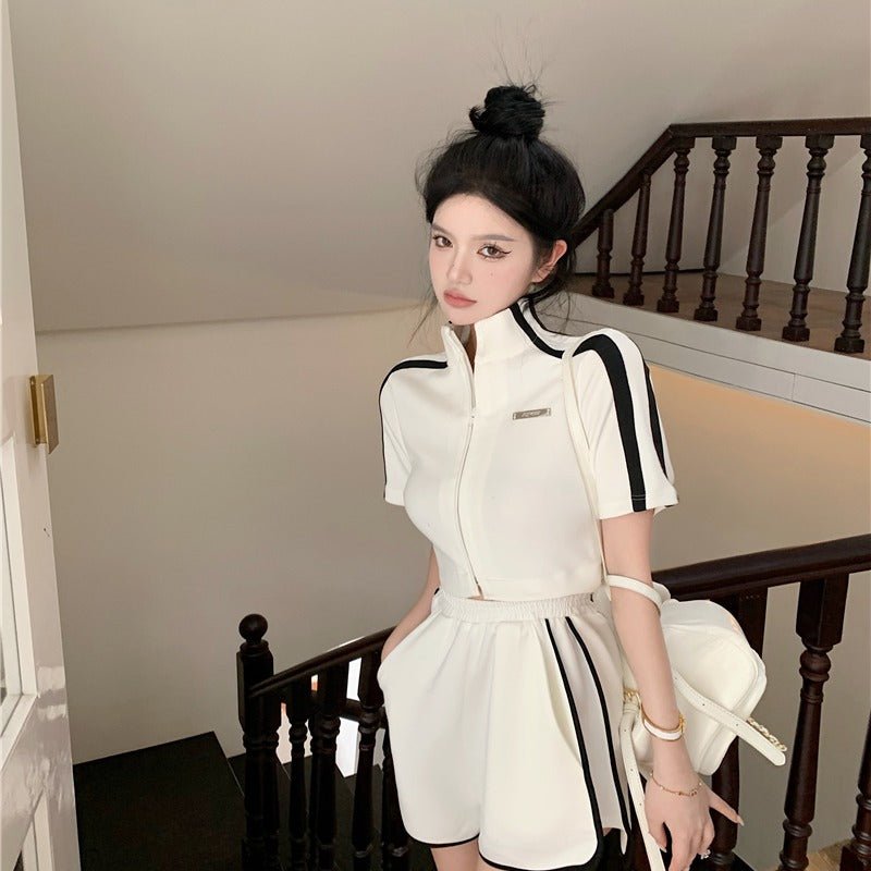 Stand Collar Zip Short Sleeve Blouse Summer Stripes - Taylor K Shop