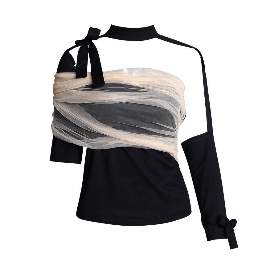 Summer 2021 T-shirt designer collision color screen bandage irregular blouse nuns show thin lace shirt - Taylor K Shop