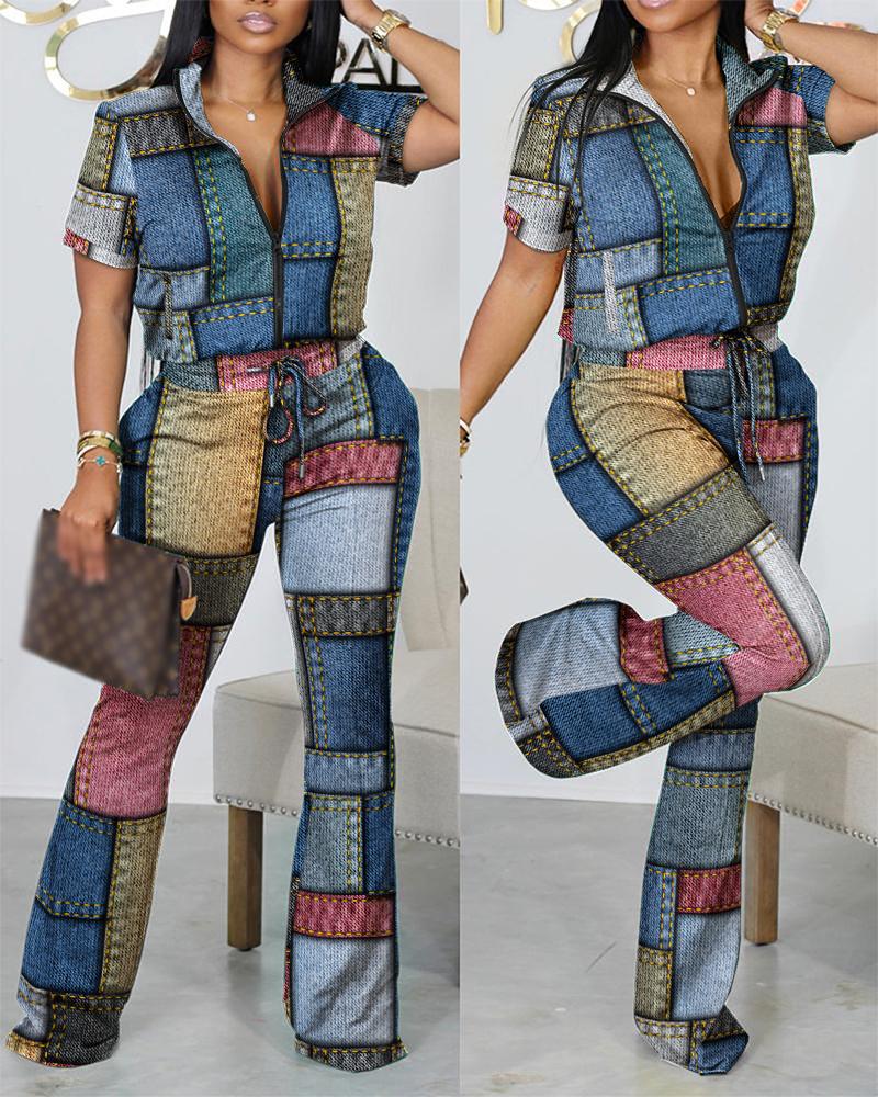 Summer Fashion Print Two Piece Set Women Casual Zipper Short - sleeved Shirt Flared Pants Two Piece Suit Women Outfit - Taylor K Shop