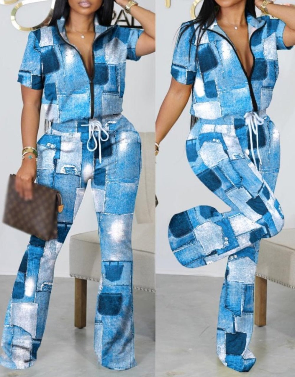 Summer Fashion Print Two Piece Set Women Casual Zipper Short - sleeved Shirt Flared Pants Two Piece Suit Women Outfit - Taylor K Shop