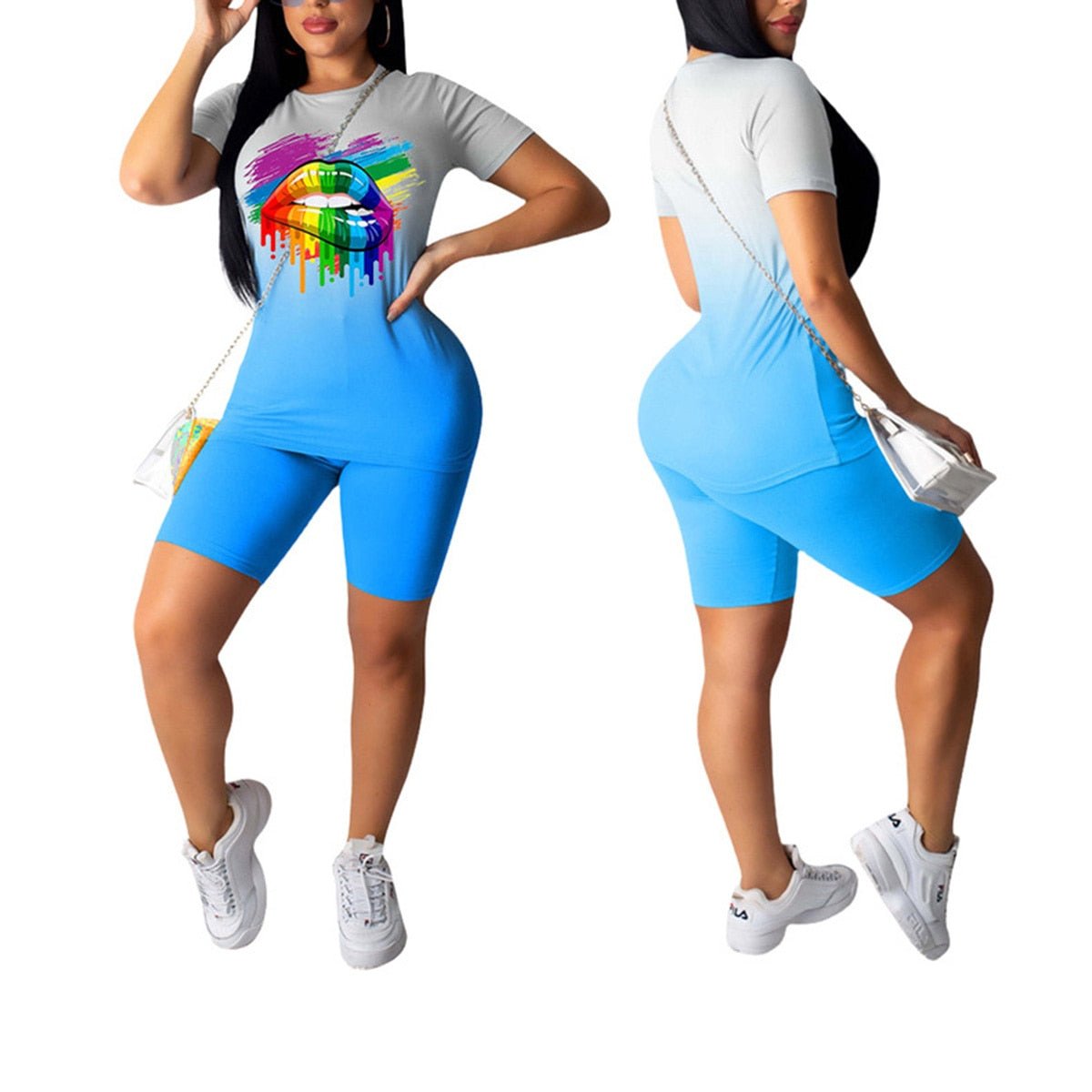 Summer Gradient Sports Suits Women Sets Casual Lips Print Short Sleeve Tops+Shorts Female 2Pcs/Sets Tracksuits Workout Clothes - Taylor K Shop