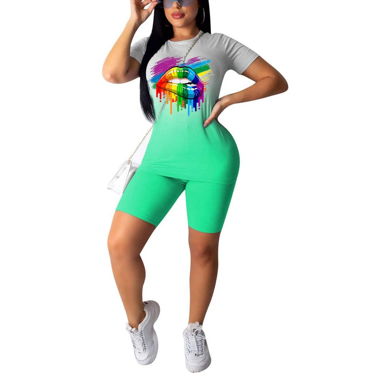 Summer Gradient Sports Suits Women Sets Casual Lips Print Short Sleeve Tops+Shorts Female 2Pcs/Sets Tracksuits Workout Clothes - Taylor K Shop