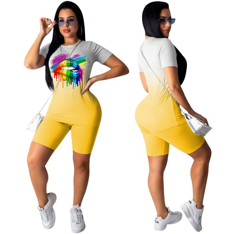 Summer Gradient Sports Suits Women Sets Casual Lips Print Short Sleeve Tops+Shorts Female 2Pcs/Sets Tracksuits Workout Clothes - Taylor K Shop