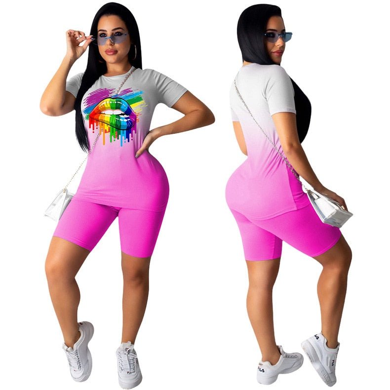 Summer Gradient Sports Suits Women Sets Casual Lips Print Short Sleeve Tops+Shorts Female 2Pcs/Sets Tracksuits Workout Clothes - Taylor K Shop