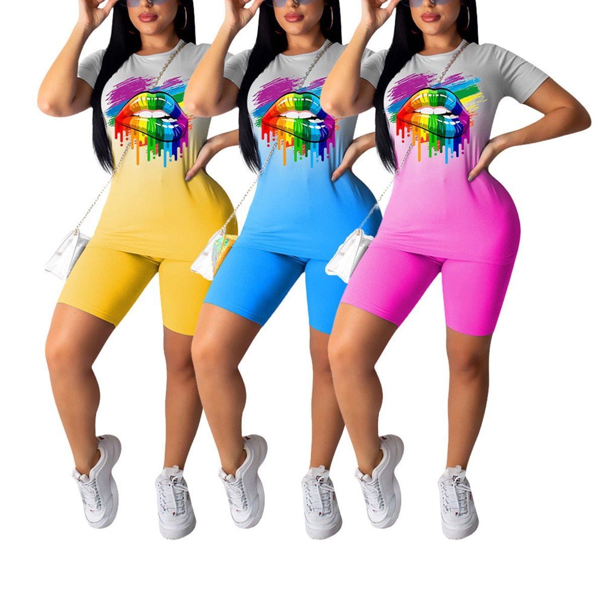 Summer Gradient Sports Suits Women Sets Casual Lips Print Short Sleeve Tops+Shorts Female 2Pcs/Sets Tracksuits Workout Clothes - Taylor K Shop