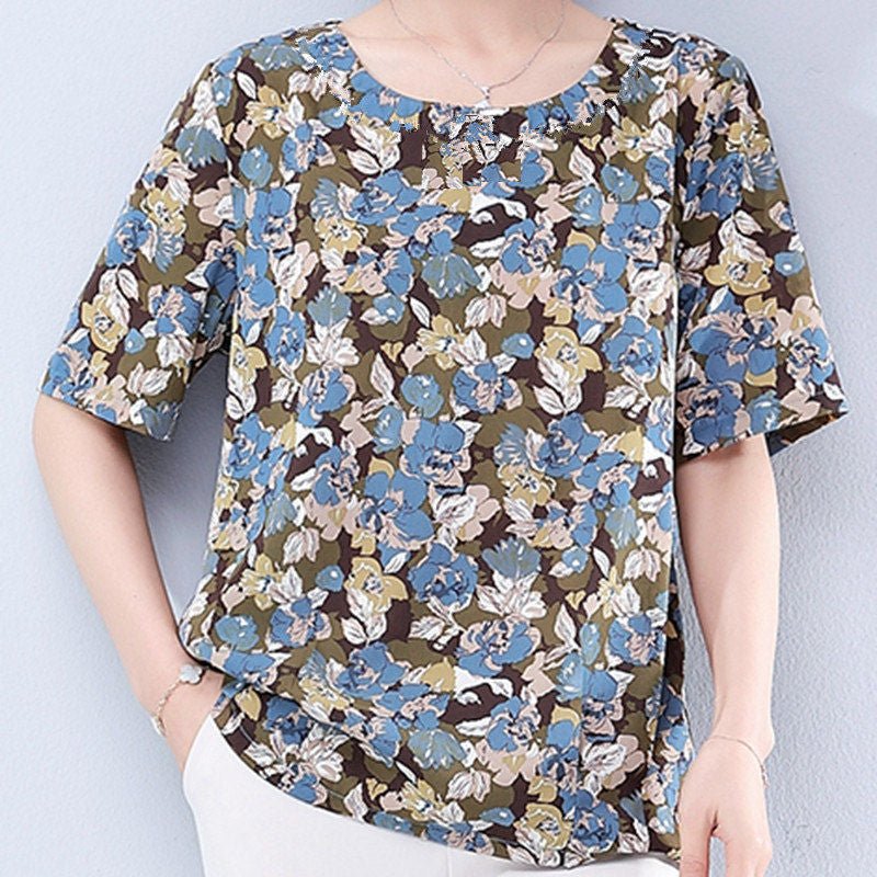 Summer Mid - Sleeve Loose Mother Dress Shirt Round Neck Plus Size Blouse - Taylor K Shop
