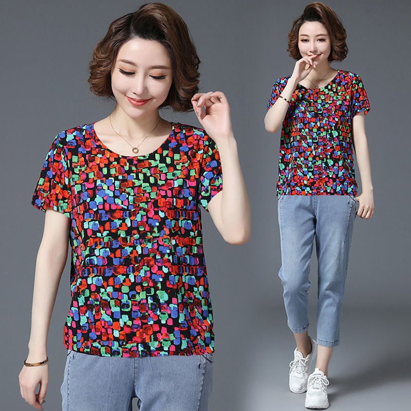 Summer Mid - Sleeve Loose Mother Dress Shirt Round Neck Plus Size Blouse - Taylor K Shop