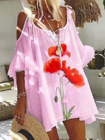 Summer New Casual Print Off - Shoulder Loose Tie Long Blouse Women - Taylor K Shop
