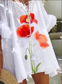 Summer New Casual Print Off - Shoulder Loose Tie Long Blouse Women - Taylor K Shop