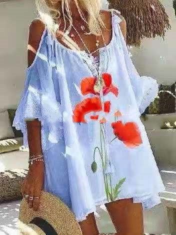 Summer New Casual Print Off - Shoulder Loose Tie Long Blouse Women - Taylor K Shop