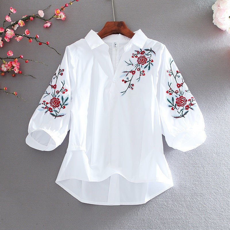 Summer New Ladies Blouse Retro Literature And Art Embroidery Lapel Lantern Sleeve Shirt Women - Taylor K Shop