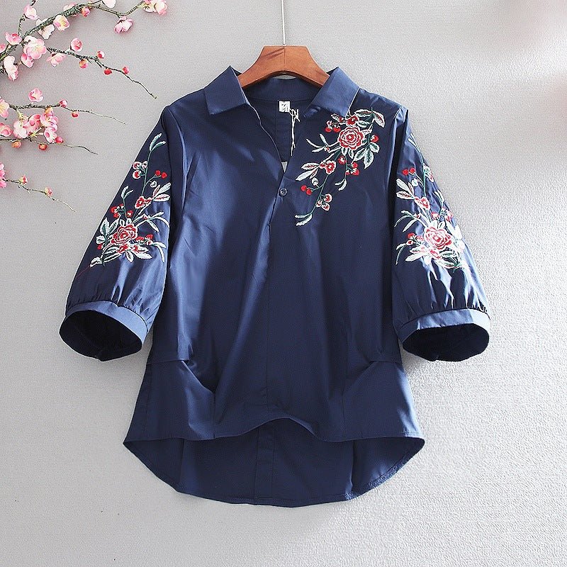 Summer New Ladies Blouse Retro Literature And Art Embroidery Lapel Lantern Sleeve Shirt Women - Taylor K Shop