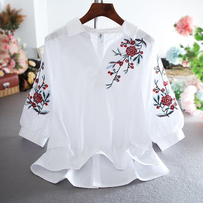 Summer New Ladies Blouse Retro Literature And Art Embroidery Lapel Lantern Sleeve Shirt Women - Taylor K Shop