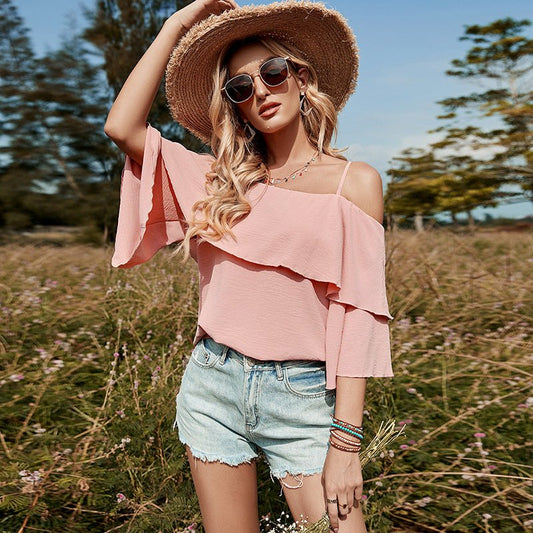 Summer New Off - the - shoulder European And American Word - neck Ruffle Loose Sleeveless Blouse - Taylor K Shop