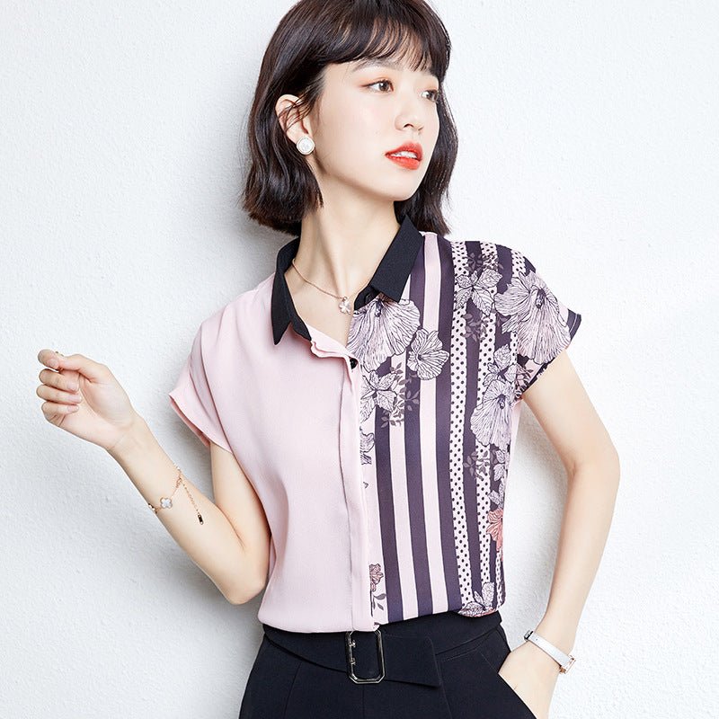 Summer New Short Sleeved Loose Stitching Contrast Color All - Match Blouse - Taylor K Shop