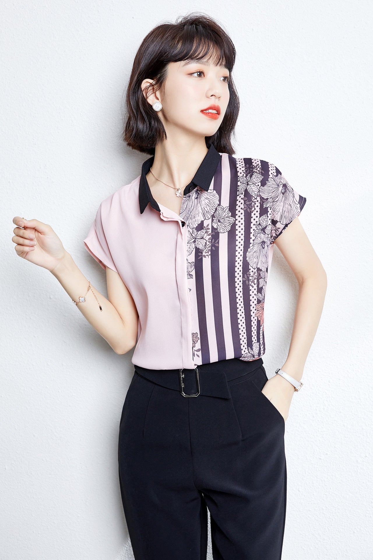 Summer New Short Sleeved Loose Stitching Contrast Color All - Match Blouse - Taylor K Shop