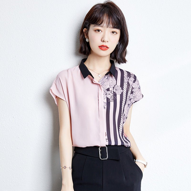 Summer New Short Sleeved Loose Stitching Contrast Color All - Match Blouse - Taylor K Shop