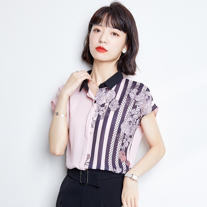 Summer New Short Sleeved Loose Stitching Contrast Color All - Match Blouse - Taylor K Shop