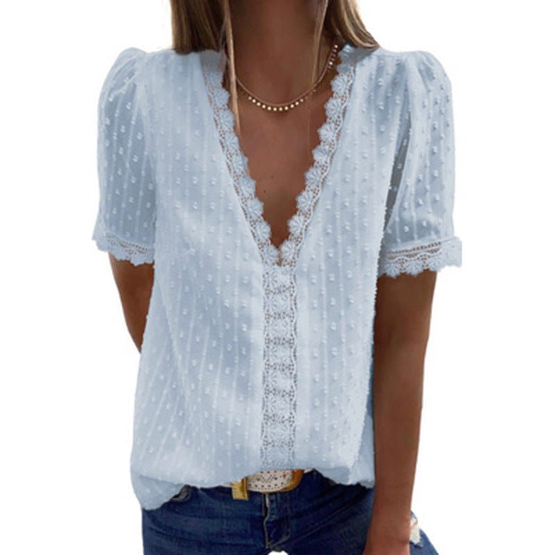 Summer New Solid Color Jacquard V - Neck Short - Sleeved Blouse Women - Taylor K Shop