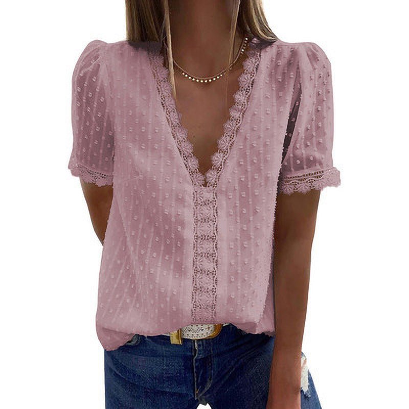 Summer New Solid Color Jacquard V - Neck Short - Sleeved Blouse Women - Taylor K Shop
