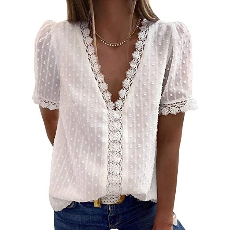 Summer New Solid Color Jacquard V - Neck Short - Sleeved Blouse Women - Taylor K Shop