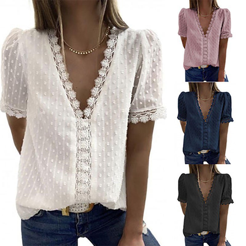 Summer New Solid Color Jacquard V - Neck Short - Sleeved Blouse Women - Taylor K Shop