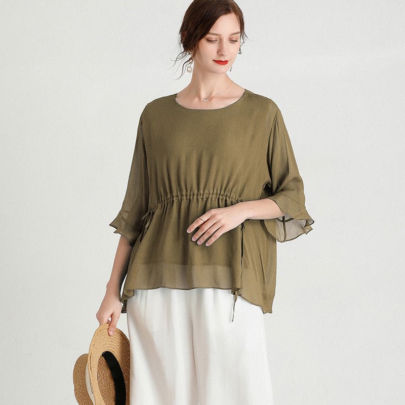 Summer New Style Temperament Short - Sleeved Plus Size Slimming Silk Blouse Women - Taylor K Shop