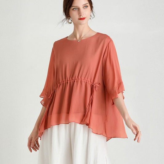Summer New Style Temperament Short - Sleeved Plus Size Slimming Silk Blouse Women - Taylor K Shop