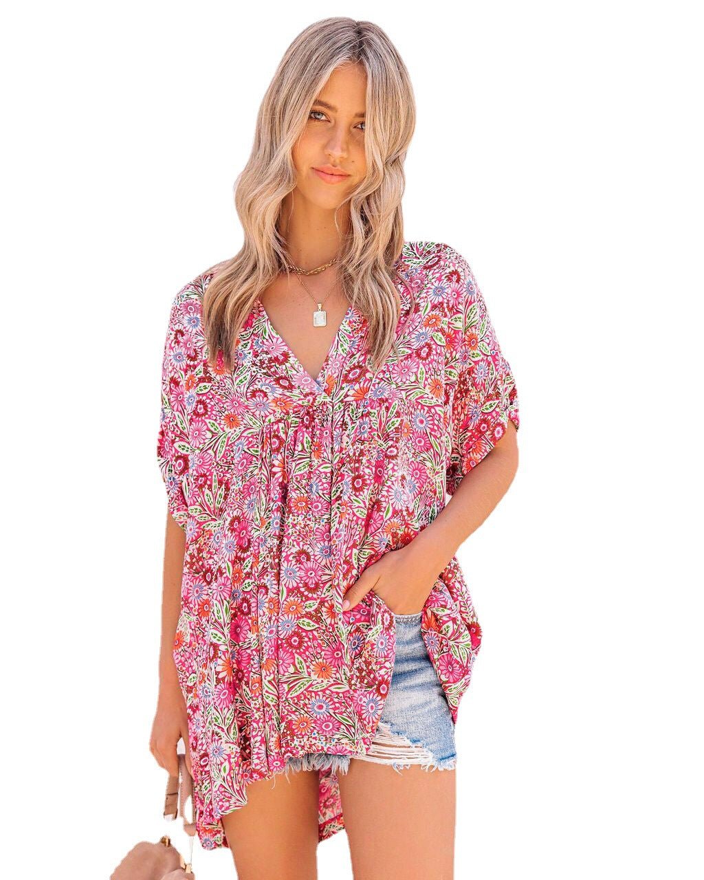 Summer New Style Women's V Neck Floral Blouse Mid Length Large Size Loose Casual T Shirt - Taylor K Shop