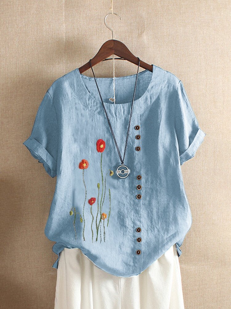Summer New T Shirt Short Sleeved Round Neck Flower Embroidery Women's Blouse - Taylor K Shop
