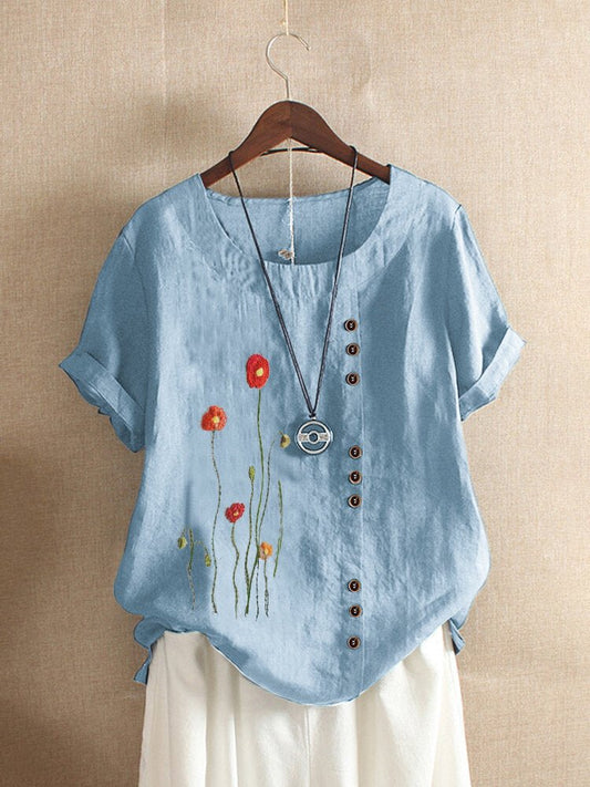 Summer New T Shirt Short Sleeved Round Neck Flower Embroidery Women's Blouse - Taylor K Shop