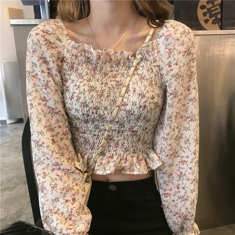 Summer Pleated Floral Print Chiffon Blouses Casual Puff - Taylor K Shop