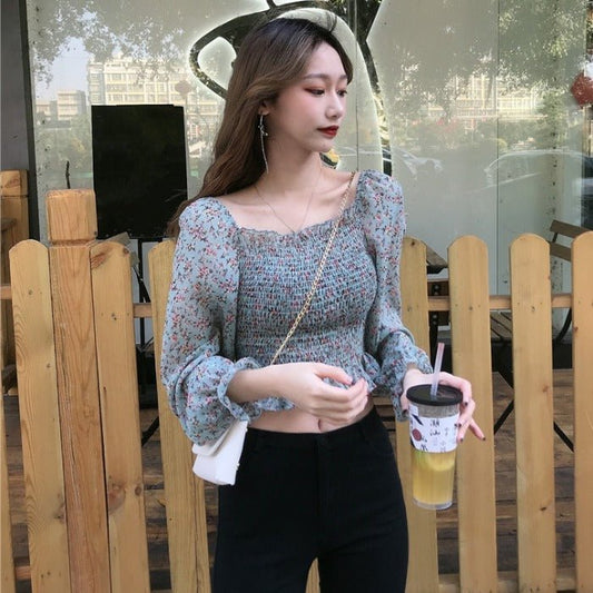 Summer Pleated Floral Print Chiffon Blouses Casual Puff - Taylor K Shop