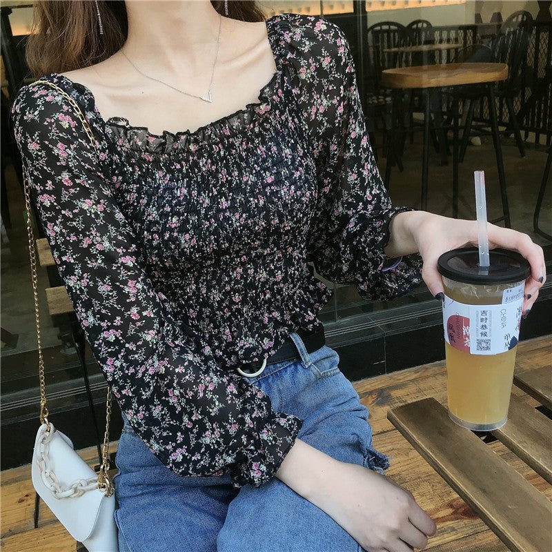 Summer Pleated Floral Print Chiffon Blouses Casual Puff - Taylor K Shop