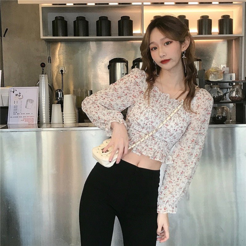 Summer Pleated Floral Print Chiffon Blouses Casual Puff - Taylor K Shop
