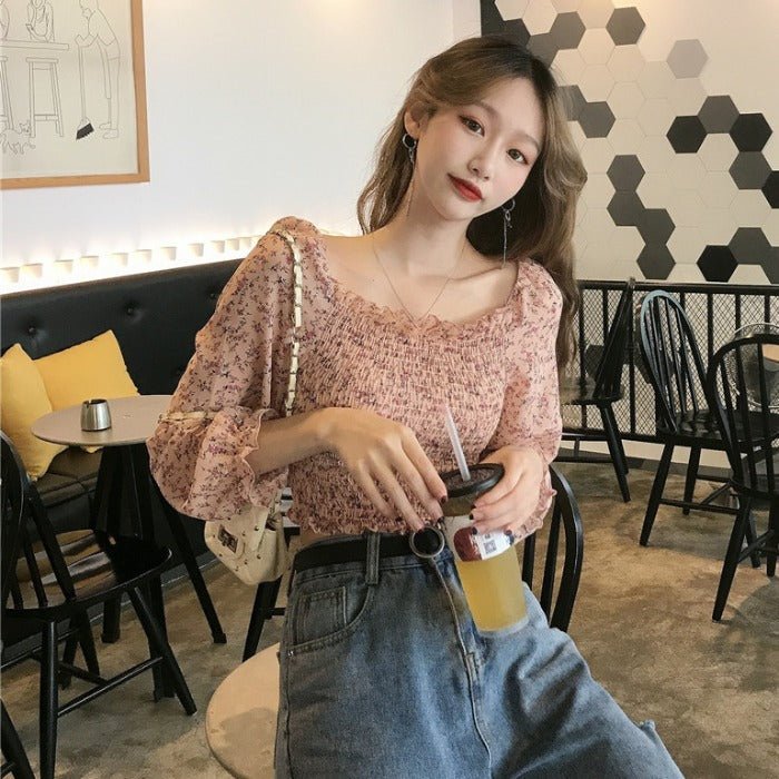 Summer Pleated Floral Print Chiffon Blouses Casual Puff - Taylor K Shop
