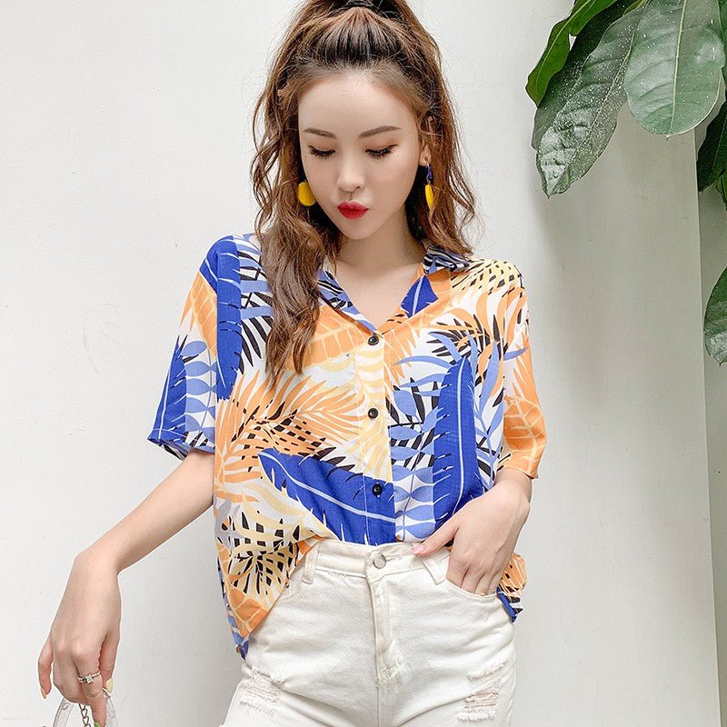 Summer retro V - neck short sleeve shirt blouse - Taylor K Shop