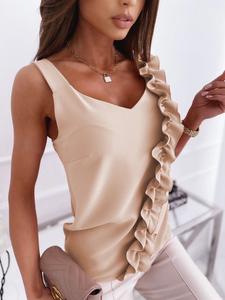 Summer Simple Sleeveless V - neck Halter Ruffle Blouse Shirt - Taylor K Shop