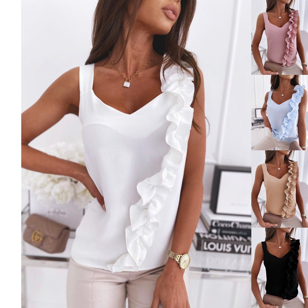 Summer Simple Sleeveless V - neck Halter Ruffle Blouse Shirt - Taylor K Shop