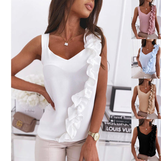 Summer Simple Sleeveless V - neck Halter Ruffle Blouse Shirt - Taylor K Shop