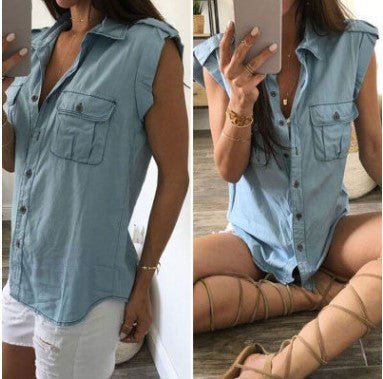 Summer Women Vintage Buttons Pockets Blouses Sexy Sleeveless Jeans Denim Blue Shirts - Taylor K Shop