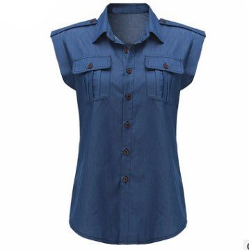 Summer Women Vintage Buttons Pockets Blouses Sexy Sleeveless Jeans Denim Blue Shirts - Taylor K Shop