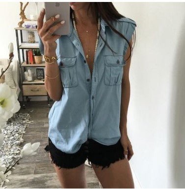 Summer Women Vintage Buttons Pockets Blouses Sexy Sleeveless Jeans Denim Blue Shirts - Taylor K Shop