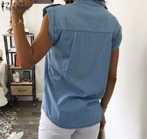 Summer Women Vintage Buttons Pockets Blouses Sexy Sleeveless Jeans Denim Blue Shirts - Taylor K Shop