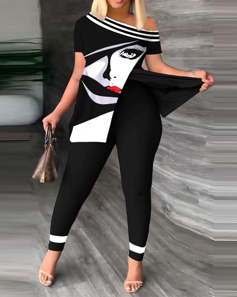 Summer Women's Suit Fashion Printing Short Sleeve Patchwork Top Calf Pants Casual Temperament Commuter Women's Two - piece Suit - Taylor K Shop