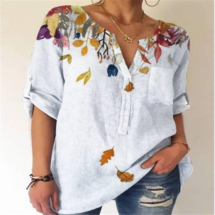 Summer Women's Blouse Loose Printing V - Neck Long - Sleeved Shirt Women - Taylor K Shop