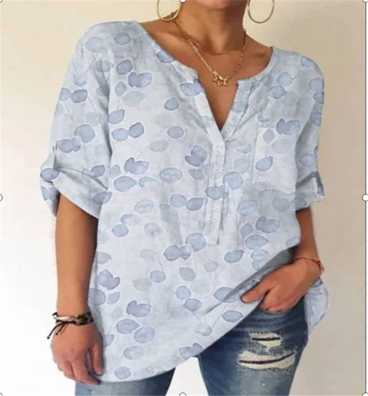 Summer Women's Blouse Loose Printing V - Neck Long - Sleeved Shirt Women - Taylor K Shop