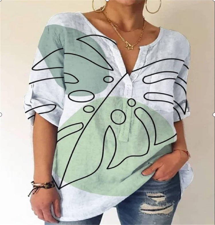 Summer Women's Blouse Loose Printing V - Neck Long - Sleeved Shirt Women - Taylor K Shop