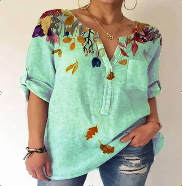 Summer Women's Blouse Loose Printing V - Neck Long - Sleeved Shirt Women - Taylor K Shop